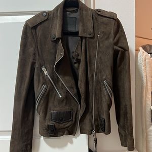 All Saints Brown/Olive Suede Leather jacket with matte black accents